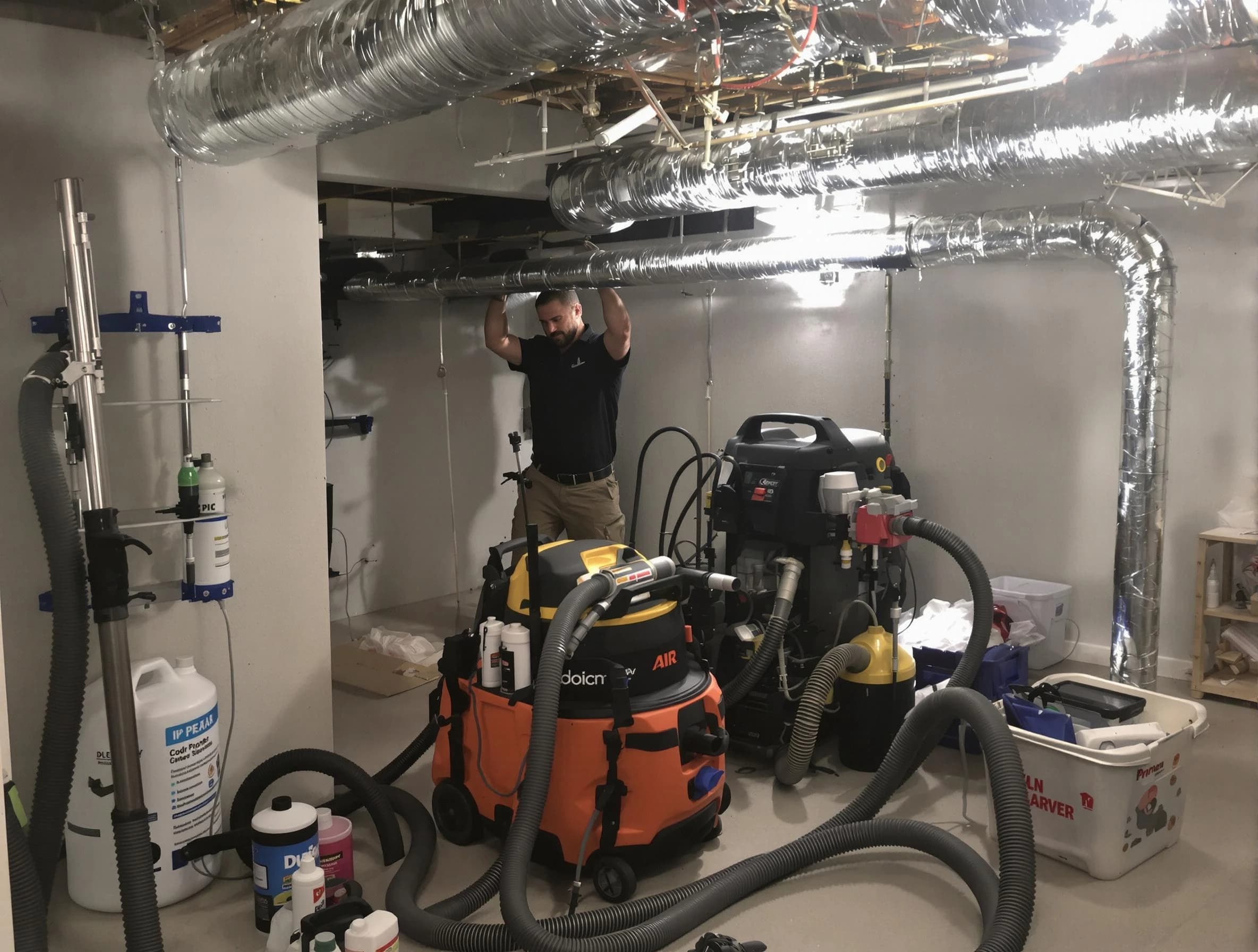 Ettrick Air Duct Cleaning specialist performing professional mold removal from air ducts using safety equipment in Ettrick