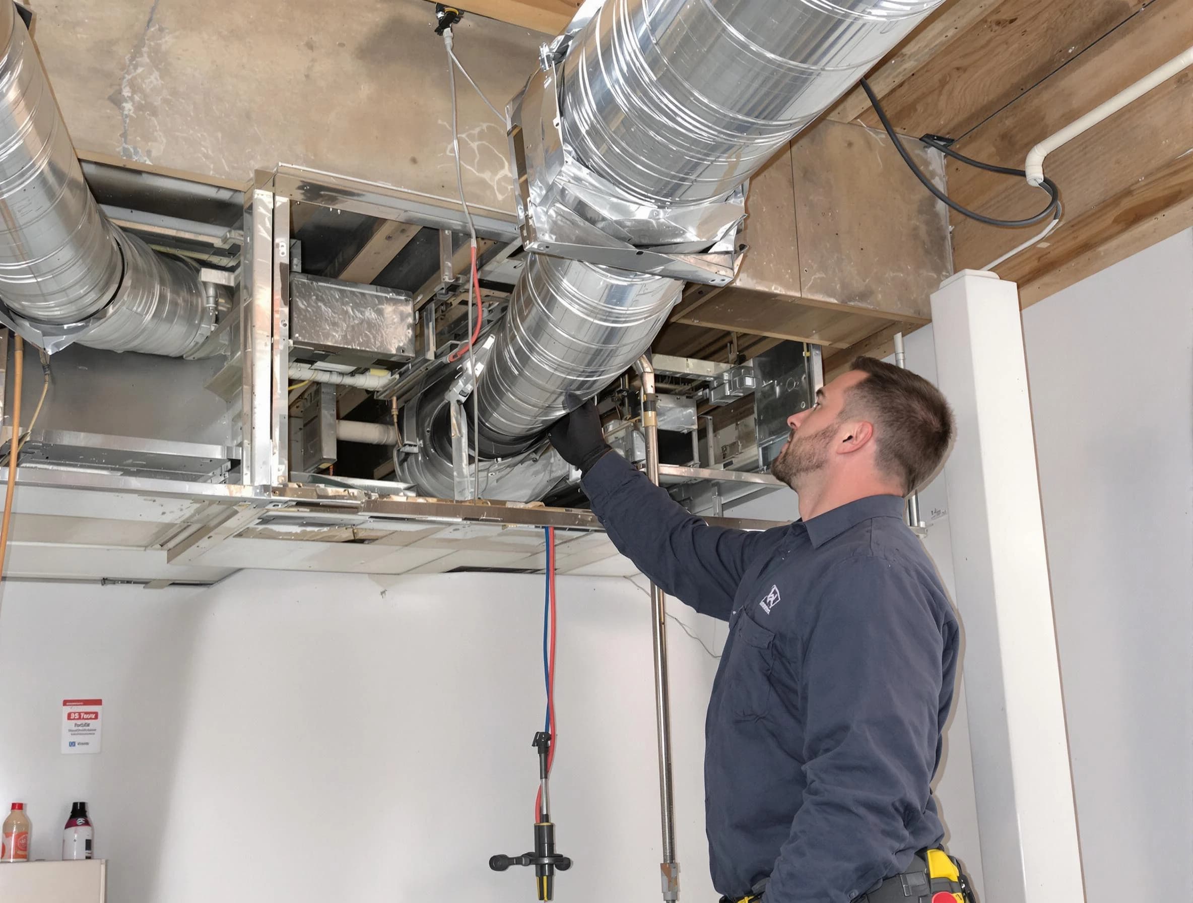 Ettrick Air Duct Cleaning technician performing professional air duct repair using specialized tools in Ettrick